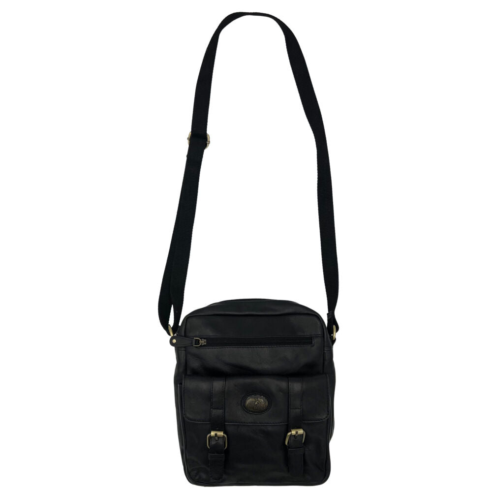 Sac à bandoulière en cuir noir avec poches avant