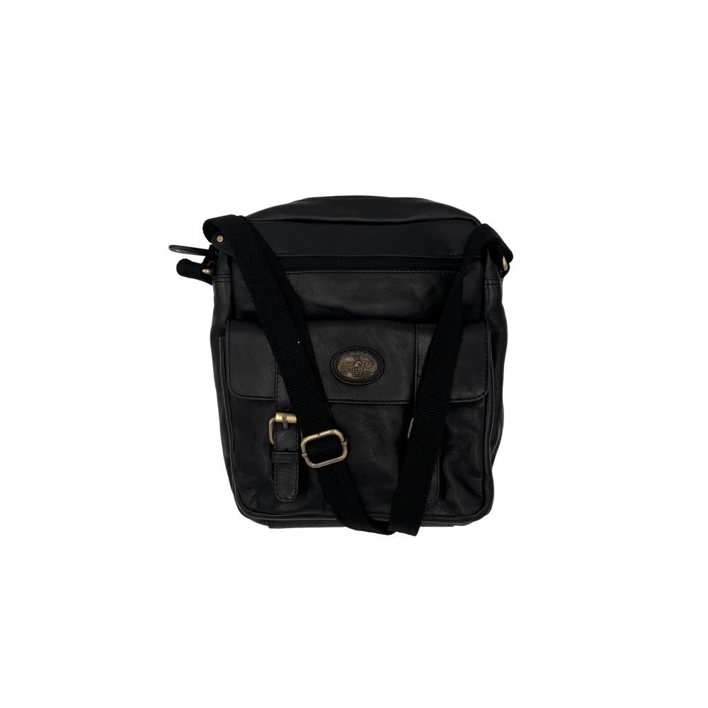 Sac à bandoulière en cuir noir avec poches avant